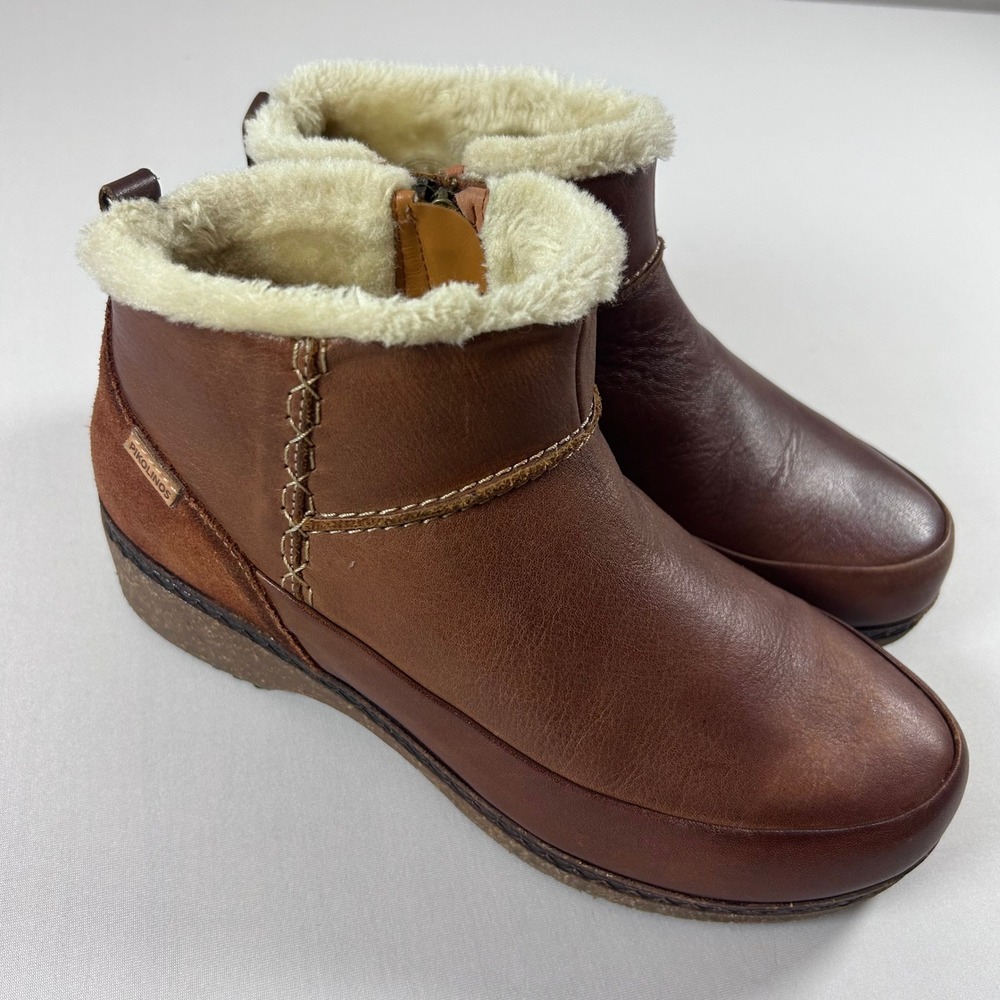 Pikolinos Granada Ankle Boots Womens 37 Brown Leather Suede Shearling Lined Zip
